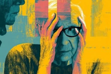 This shows an older person holding their head in their hands.