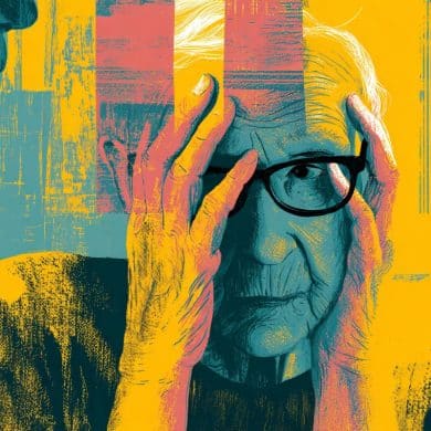 This shows an older person holding their head in their hands.