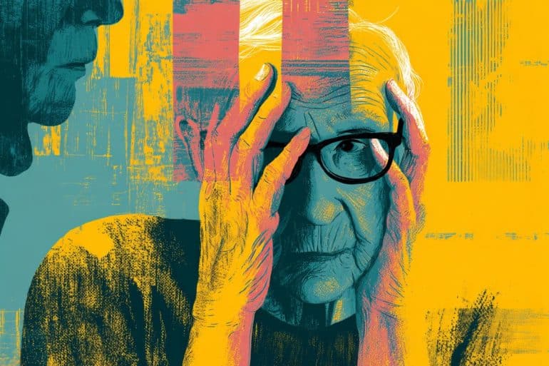 This shows an older person holding their head in their hands.