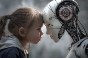 This shows a child and a robot.