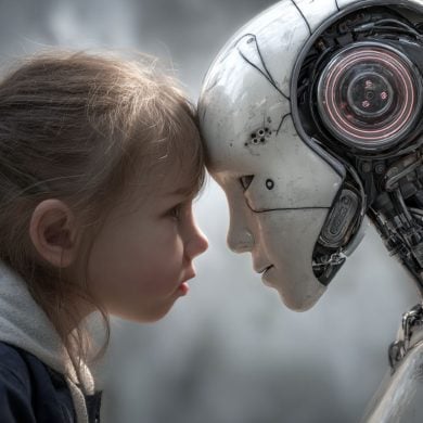 This shows a child and a robot.