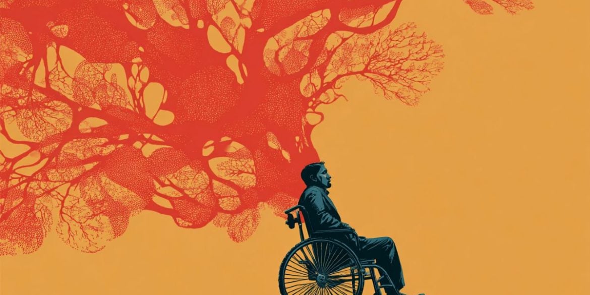 This shows a person in a wheelchair and neurons.