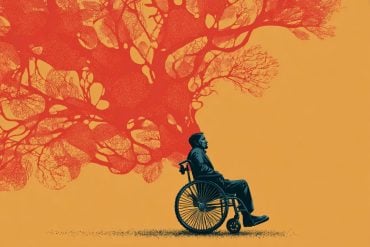This shows a person in a wheelchair and neurons.