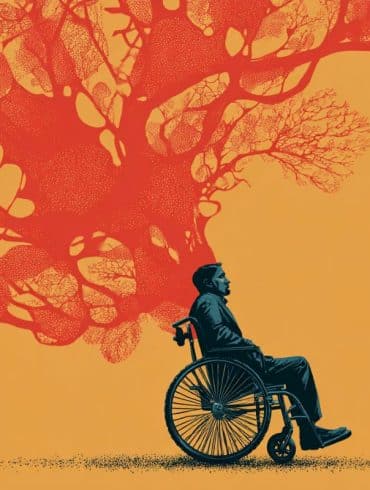This shows a person in a wheelchair and neurons.