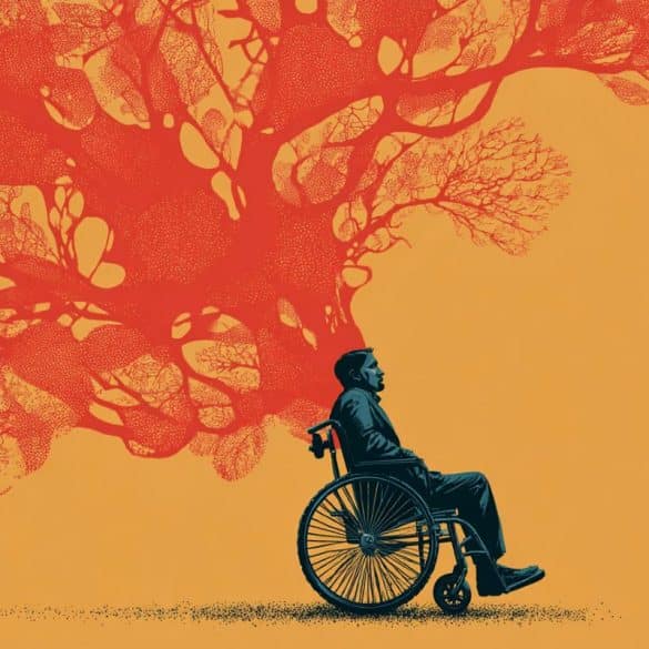 This shows a person in a wheelchair and neurons.