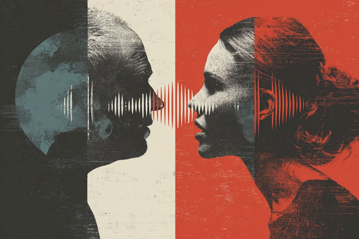 This shows a man and woman and soundwaves.