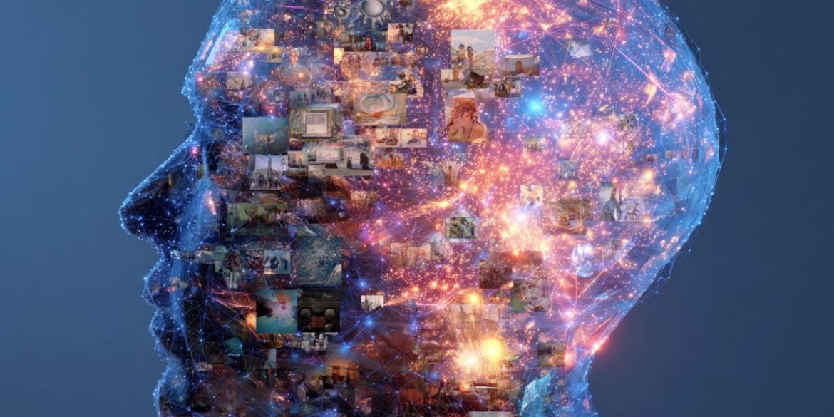 This shows the outline of a head made up of pictures.