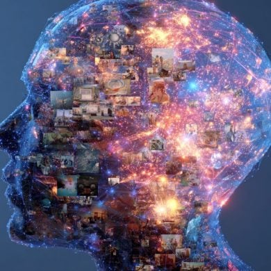 This shows the outline of a head made up of pictures.