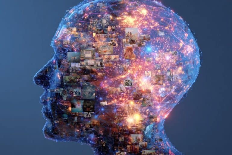 This shows the outline of a head made up of pictures.