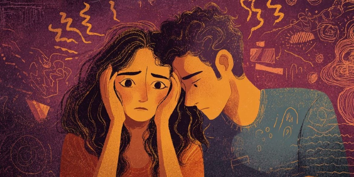 This shows a couple, the woman is stressed.
