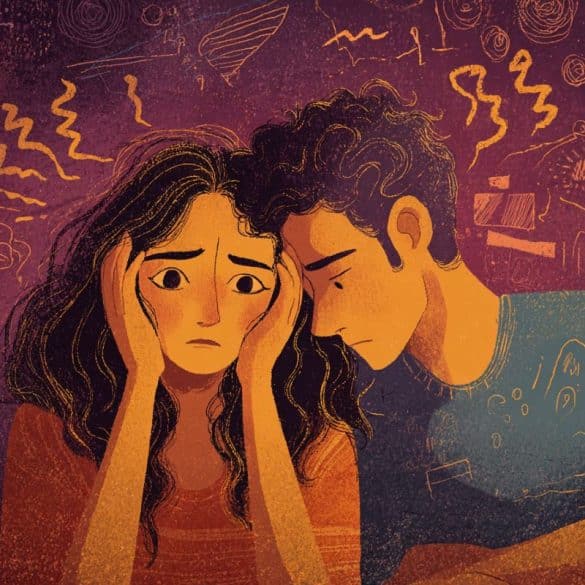 This shows a couple, the woman is stressed.