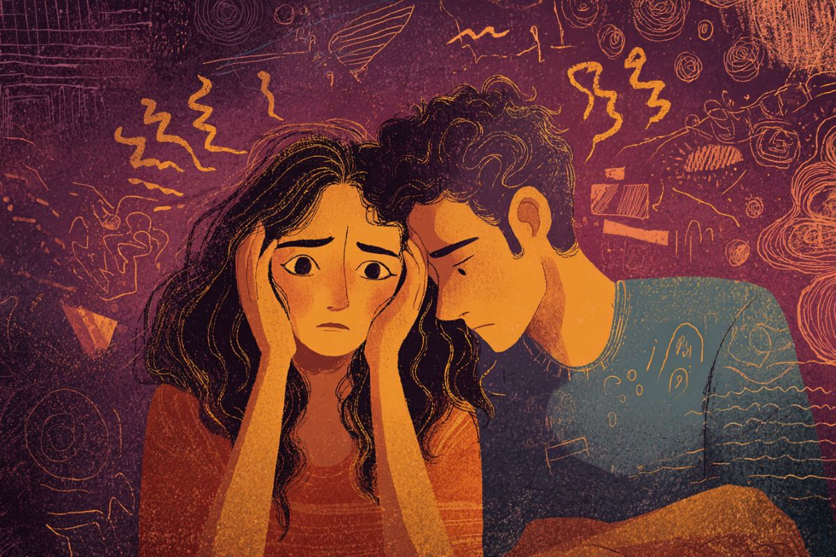 This shows a couple, the woman is stressed.