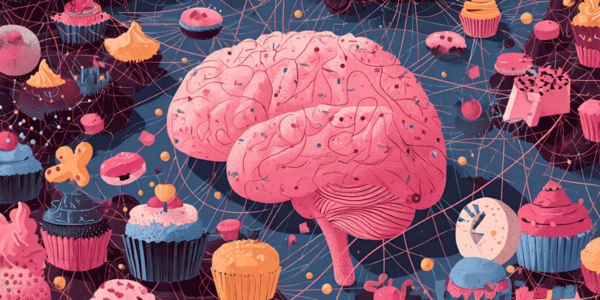 This shows a brain surrounded by sweet foods.