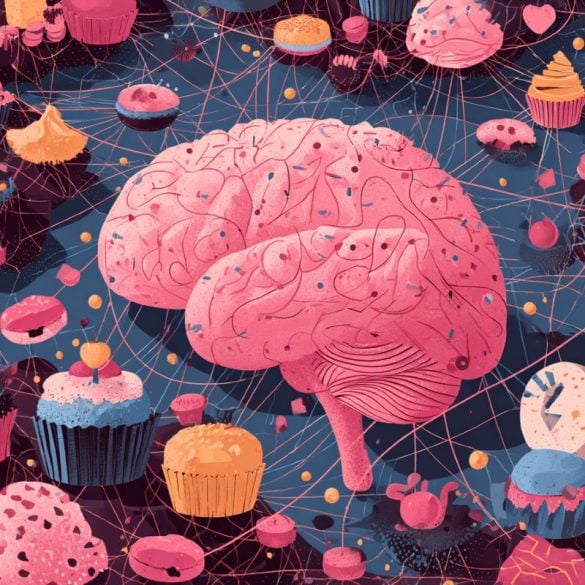 This shows a brain surrounded by sweet foods.