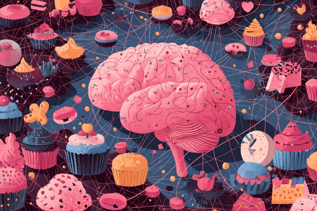 This shows a brain surrounded by sweet foods.