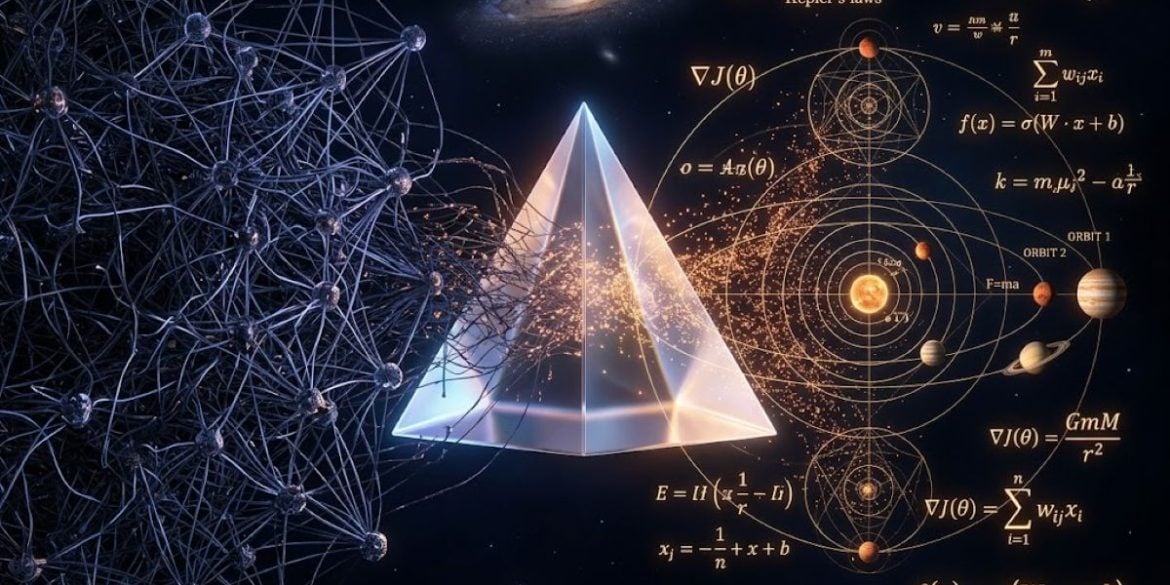 This shows a prism, math equations and a neural network.