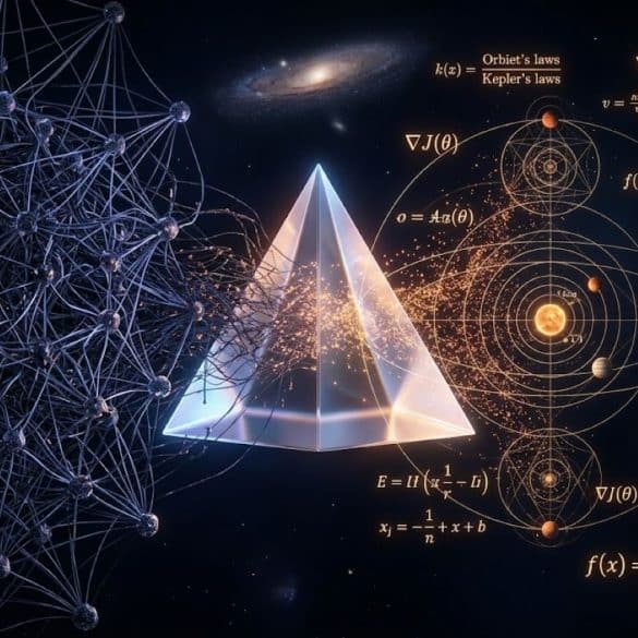 This shows a prism, math equations and a neural network.