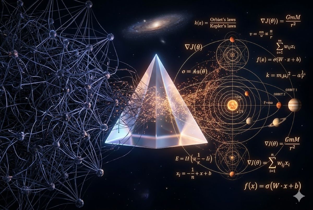 This shows a prism, math equations and a neural network.