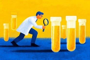 This shows a scientist looking at samples.
