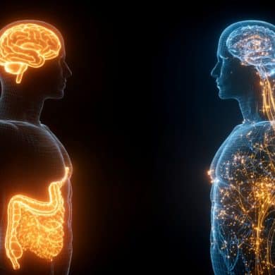 This shows the outline of two people and brains.