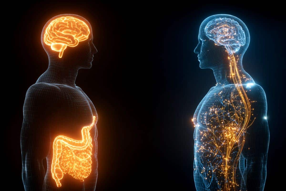 This shows the outline of two people and brains.
