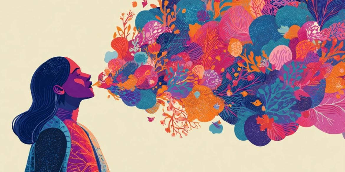 This is an illustration of a woman surrounded by speech bubbles in different colors.
