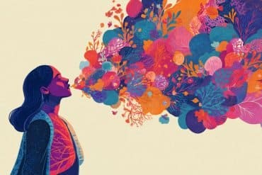This is an illustration of a woman surrounded by speech bubbles in different colors.