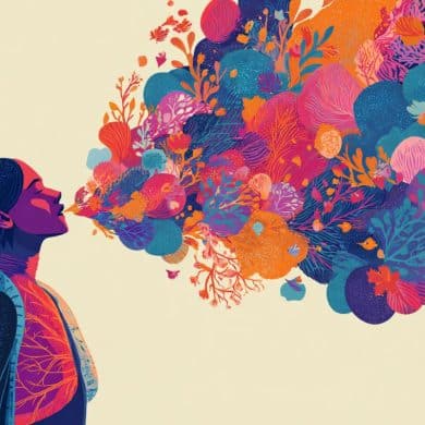This is an illustration of a woman surrounded by speech bubbles in different colors.
