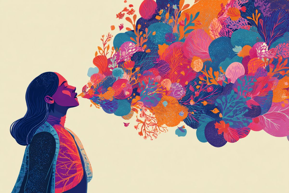 This is an illustration of a woman surrounded by speech bubbles in different colors.