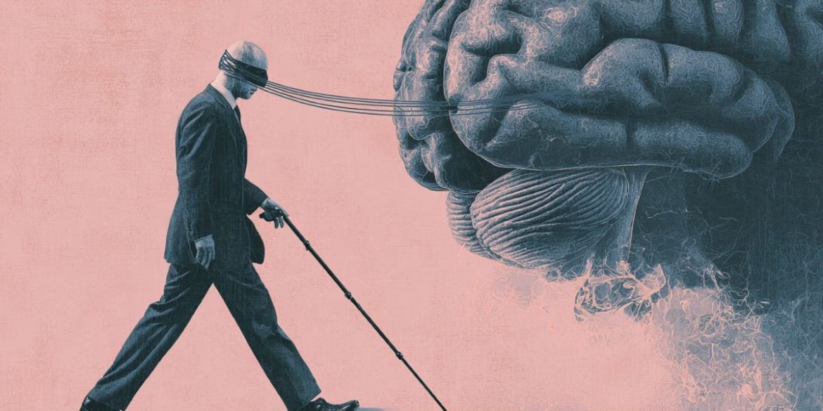 This shows a brain and a man with covered eyes walking.