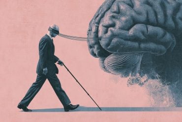 This shows a brain and a man with covered eyes walking.