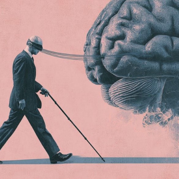 This shows a brain and a man with covered eyes walking.