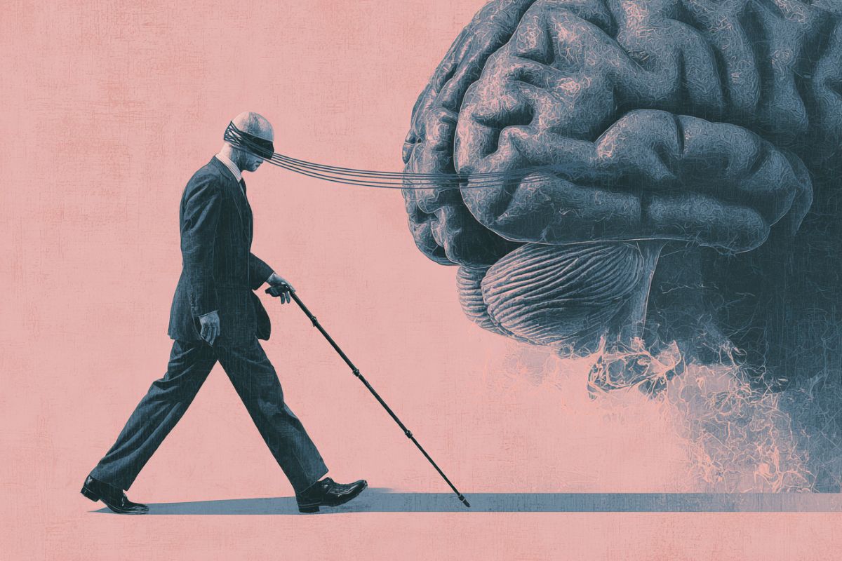 This shows a brain and a man with covered eyes walking.