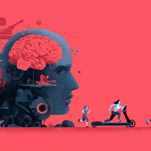 This shows a head, a brain, and people engaging in physical activities.