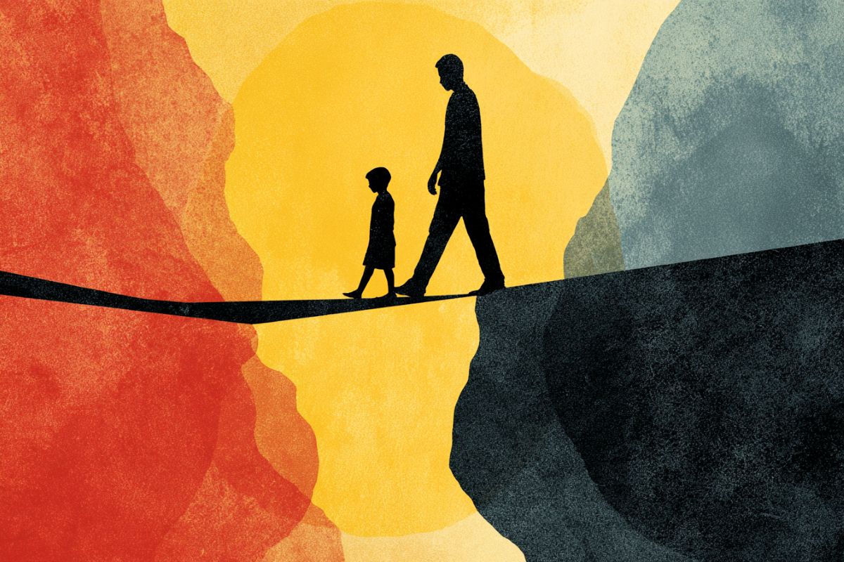 This shows young people walking on a bridge.