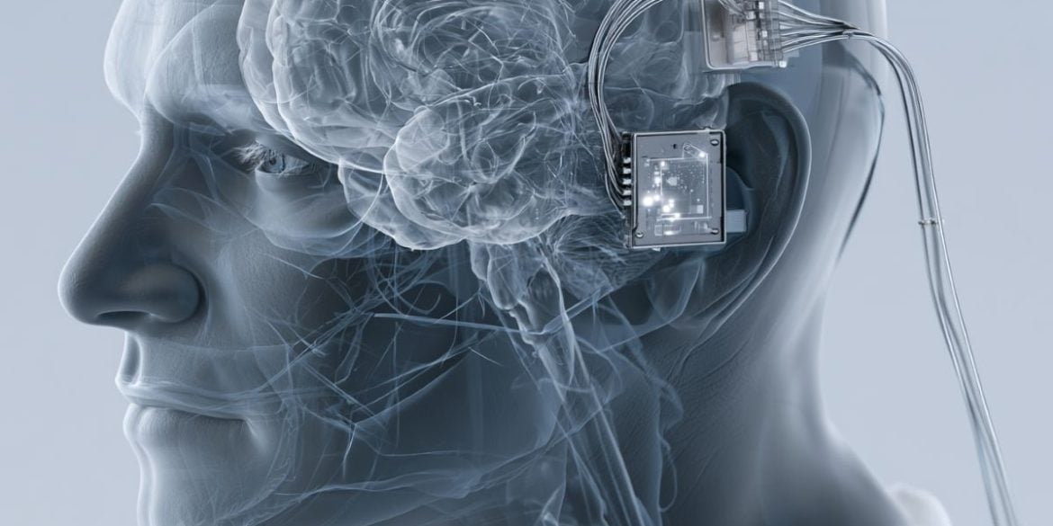 This shows a brain and a BCI chip.