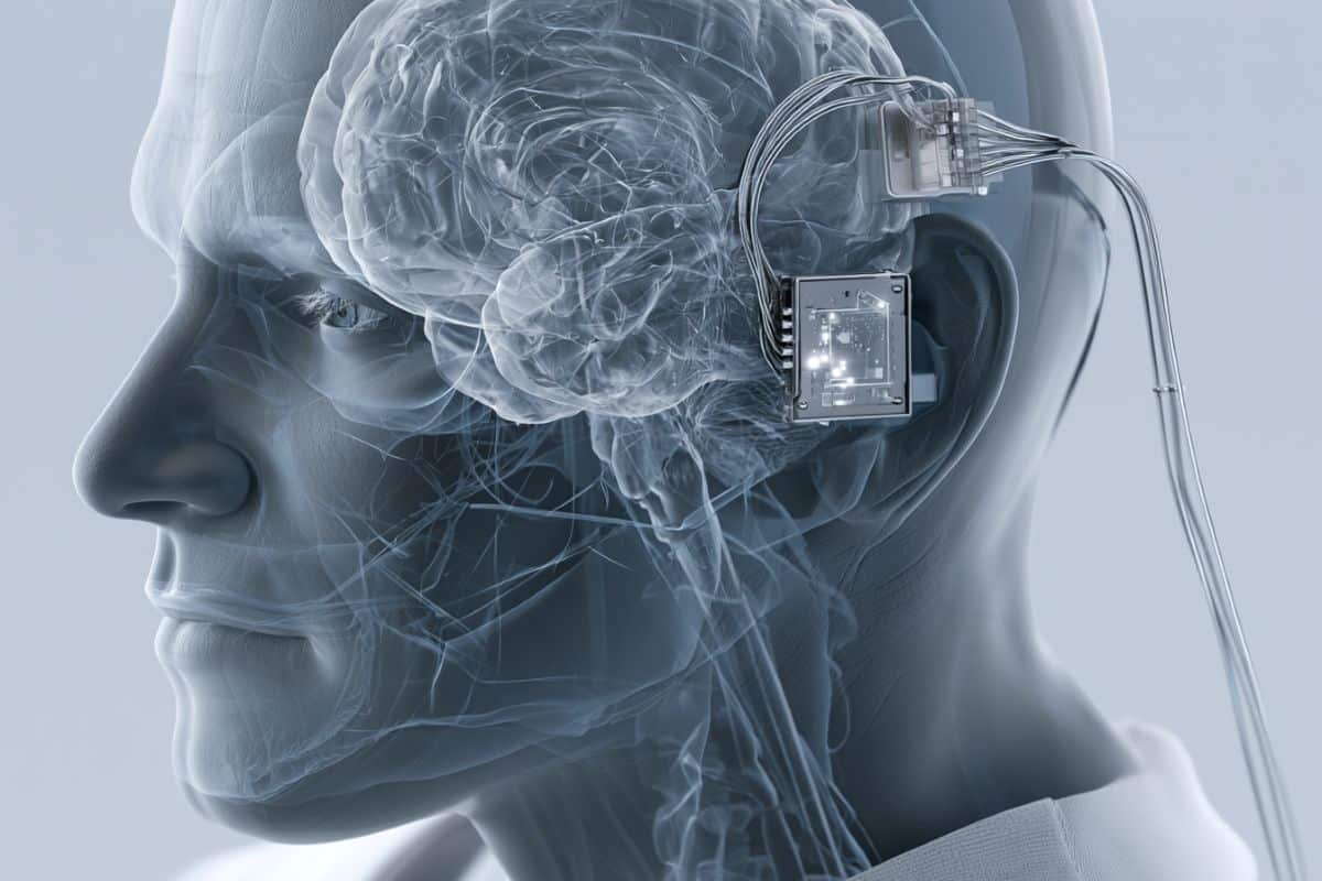 This shows a brain and a BCI chip.