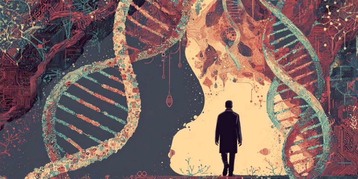 This shows a shadow of a man and DNA.