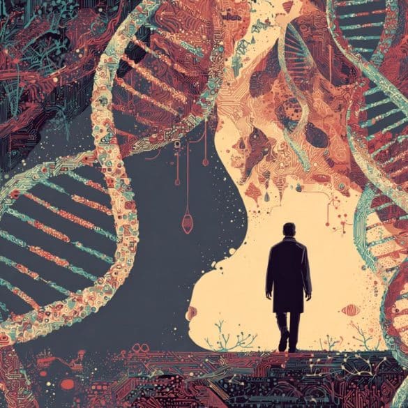 This shows a shadow of a man and DNA.
