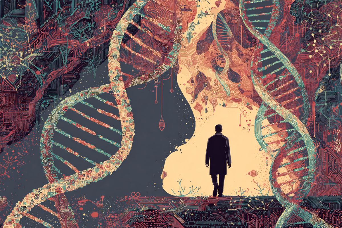 This shows a shadow of a man and DNA.