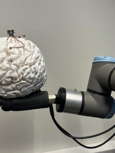 This shows a robotic hand holding a brain with the bci on top of it.