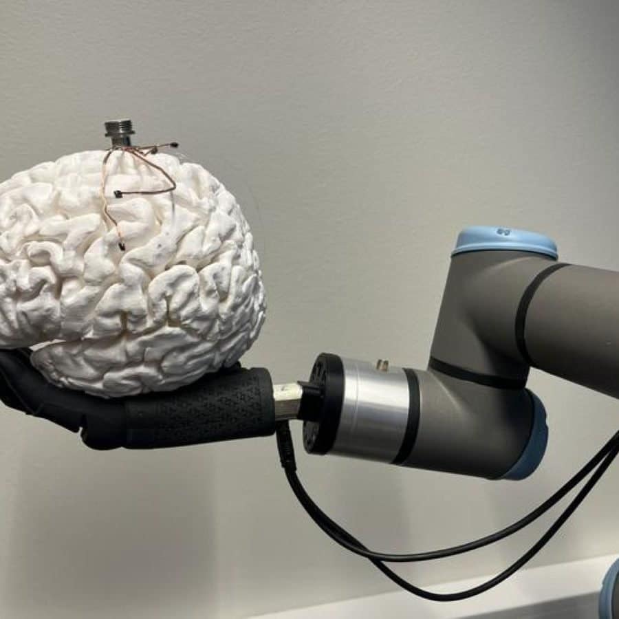 This shows a robotic hand holding a brain with the bci on top of it.