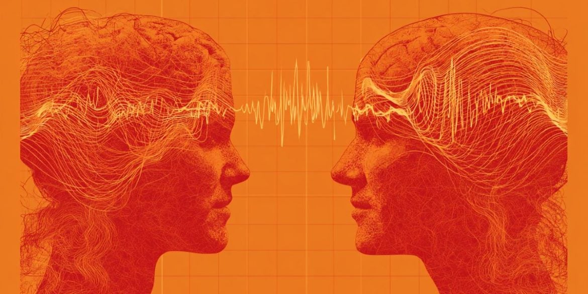 This shows two heads and brain waves.