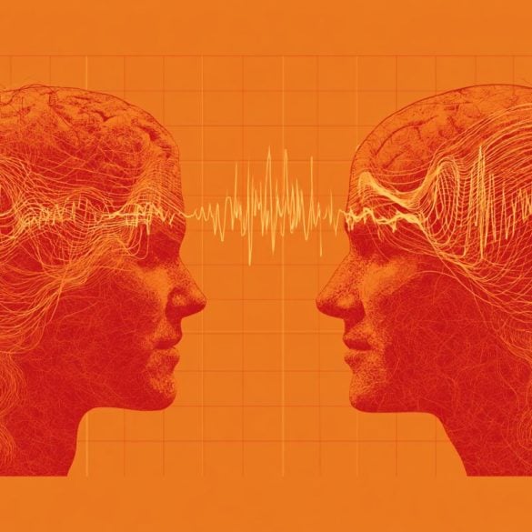 This shows two heads and brain waves.
