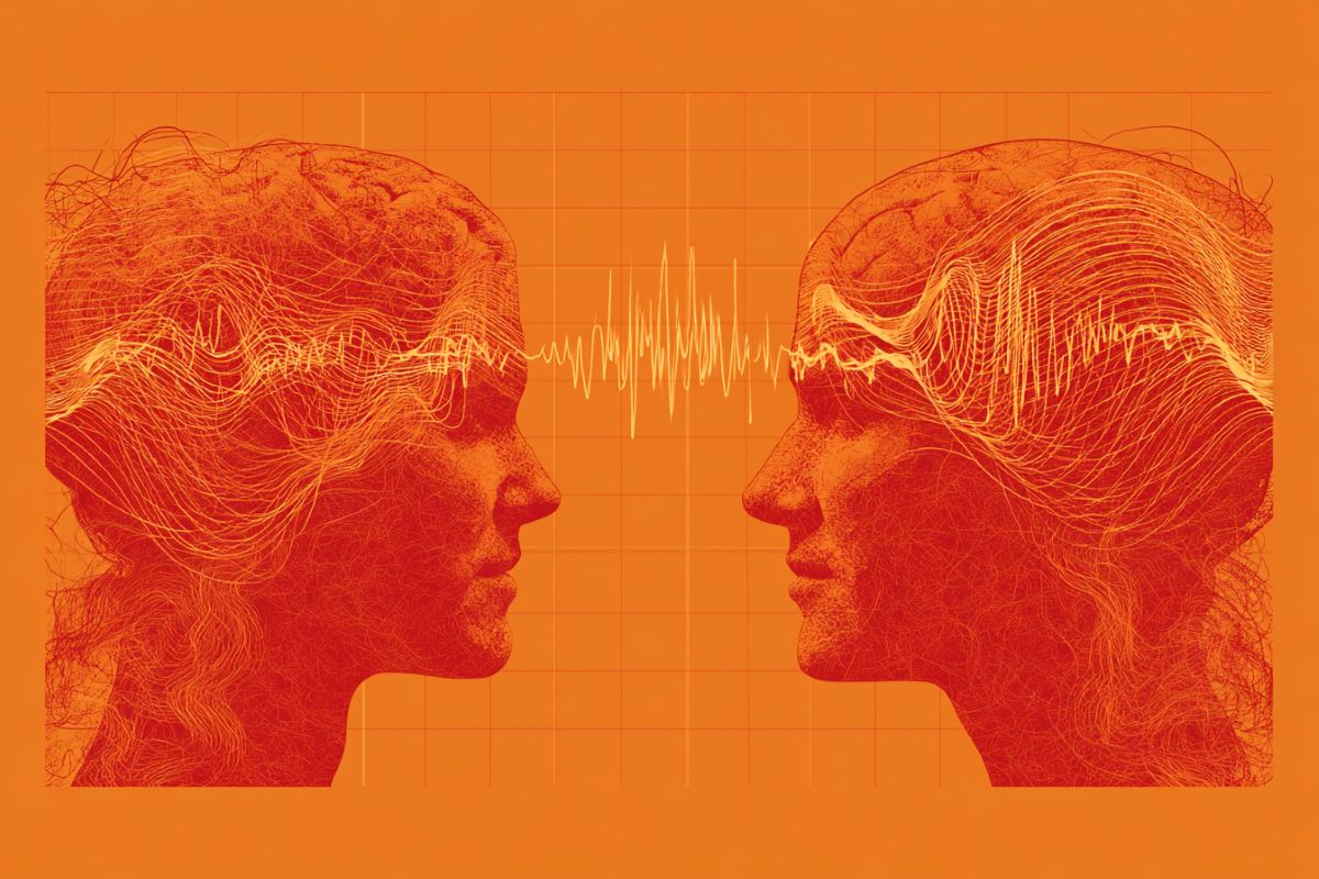 This shows two heads and brain waves.