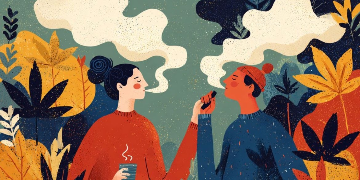 This shows two teens surrounded by clouds of smoke.