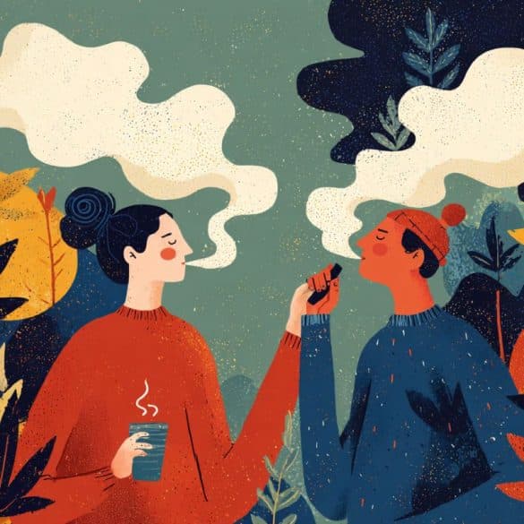 This shows two teens surrounded by clouds of smoke.