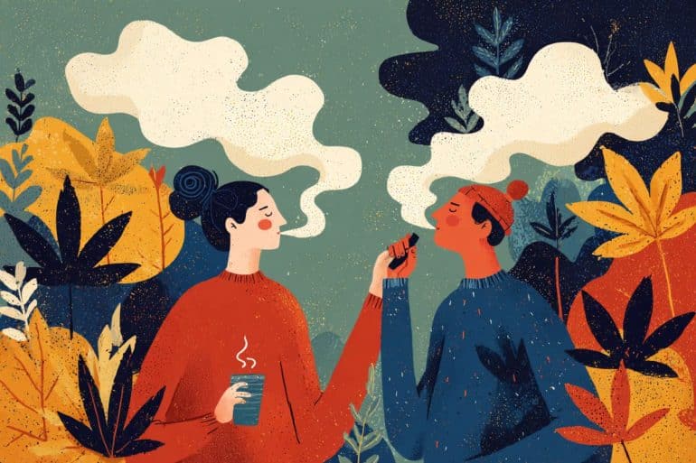 This shows two teens surrounded by clouds of smoke.