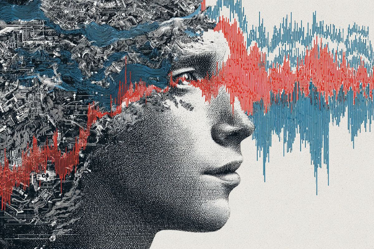 This shows a head and brain waves.