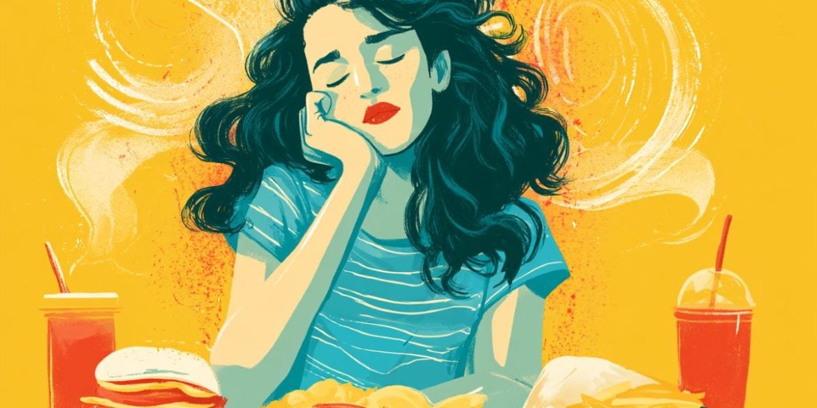 This shows a stressed woman surrounded by comfort foods.